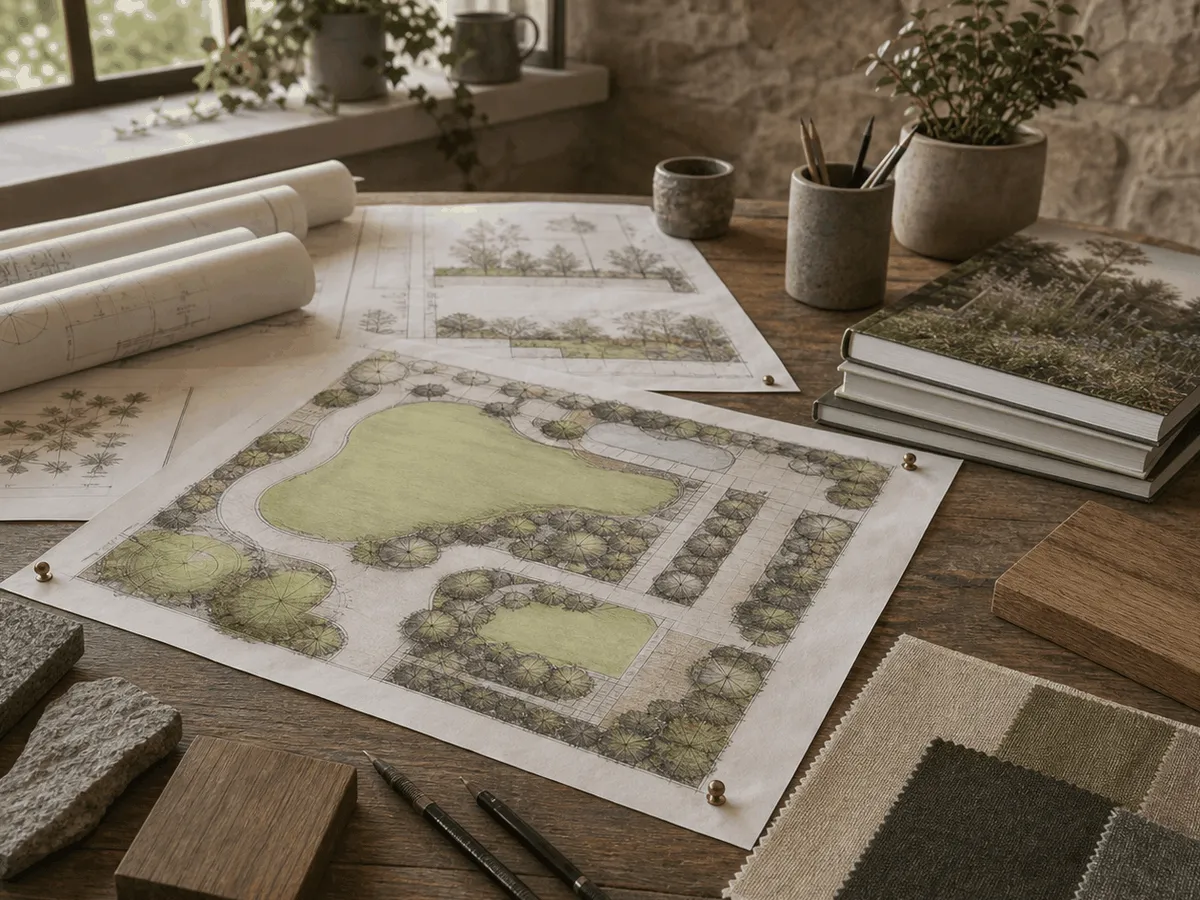 A garden designer's studio desk with a hand-drawn 2D plan, planting schedule and material samples