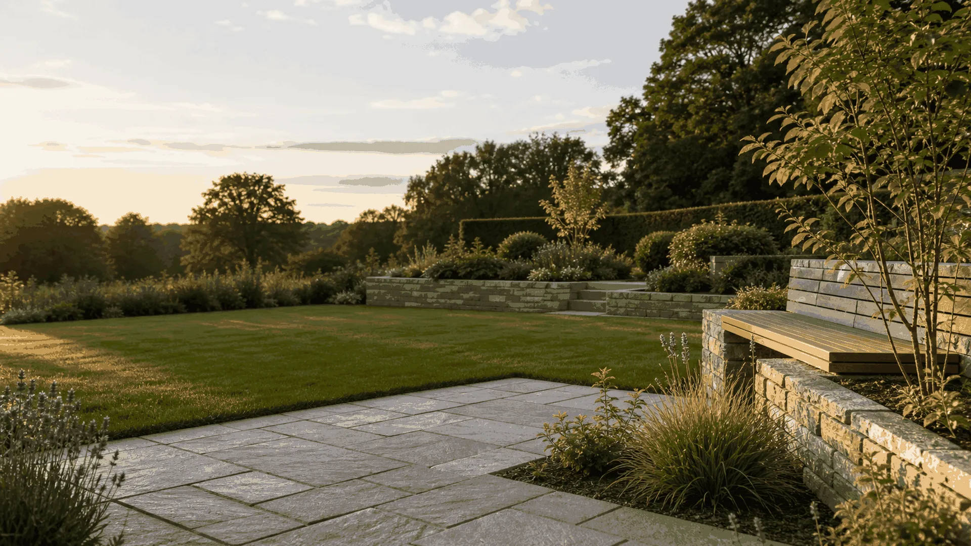 A completed Wicklow garden at dusk with a granite patio, planted borders and the Wicklow hills behind