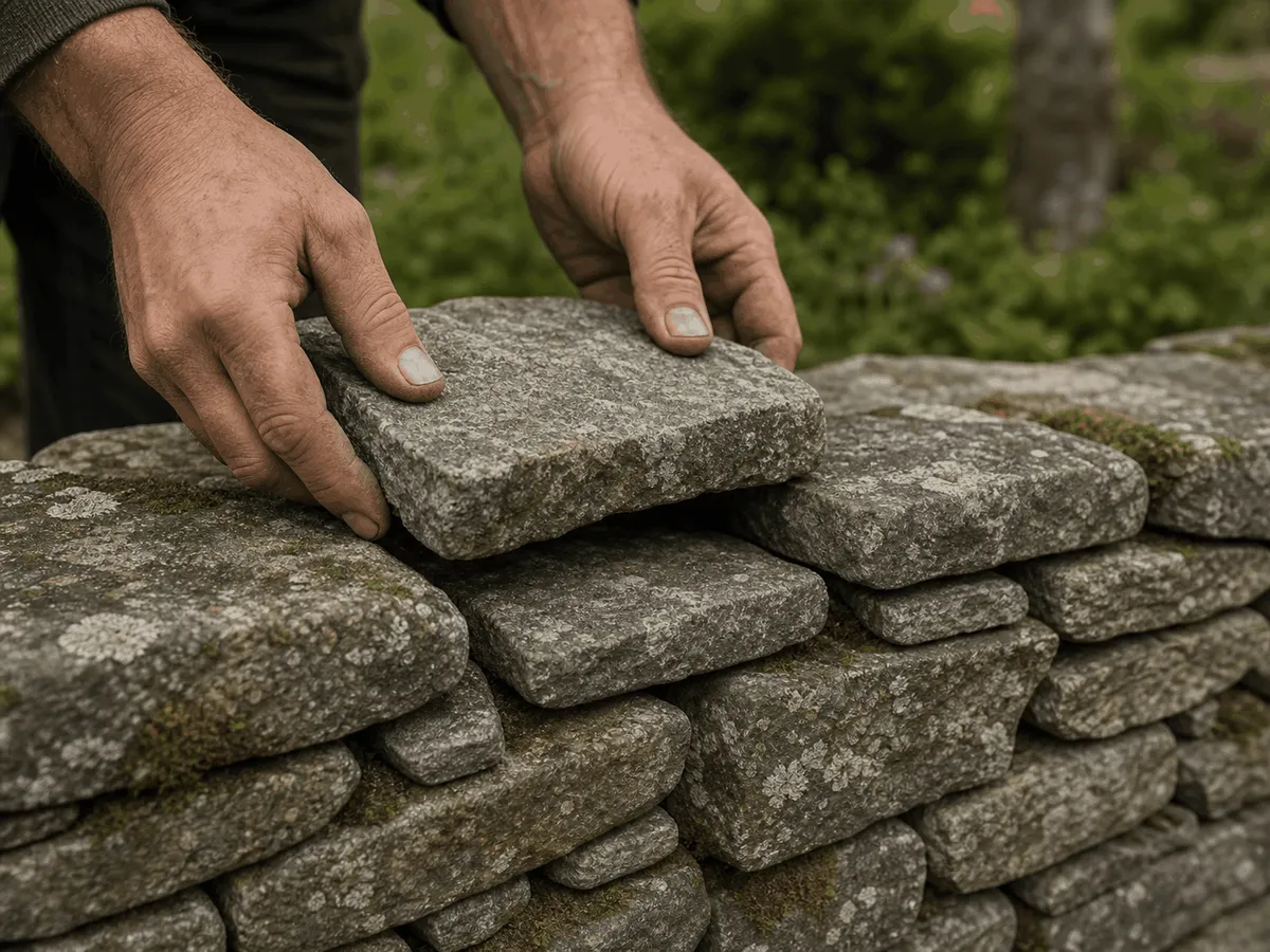 Hands placing Wicklow granite by hand on a dry-stone wall